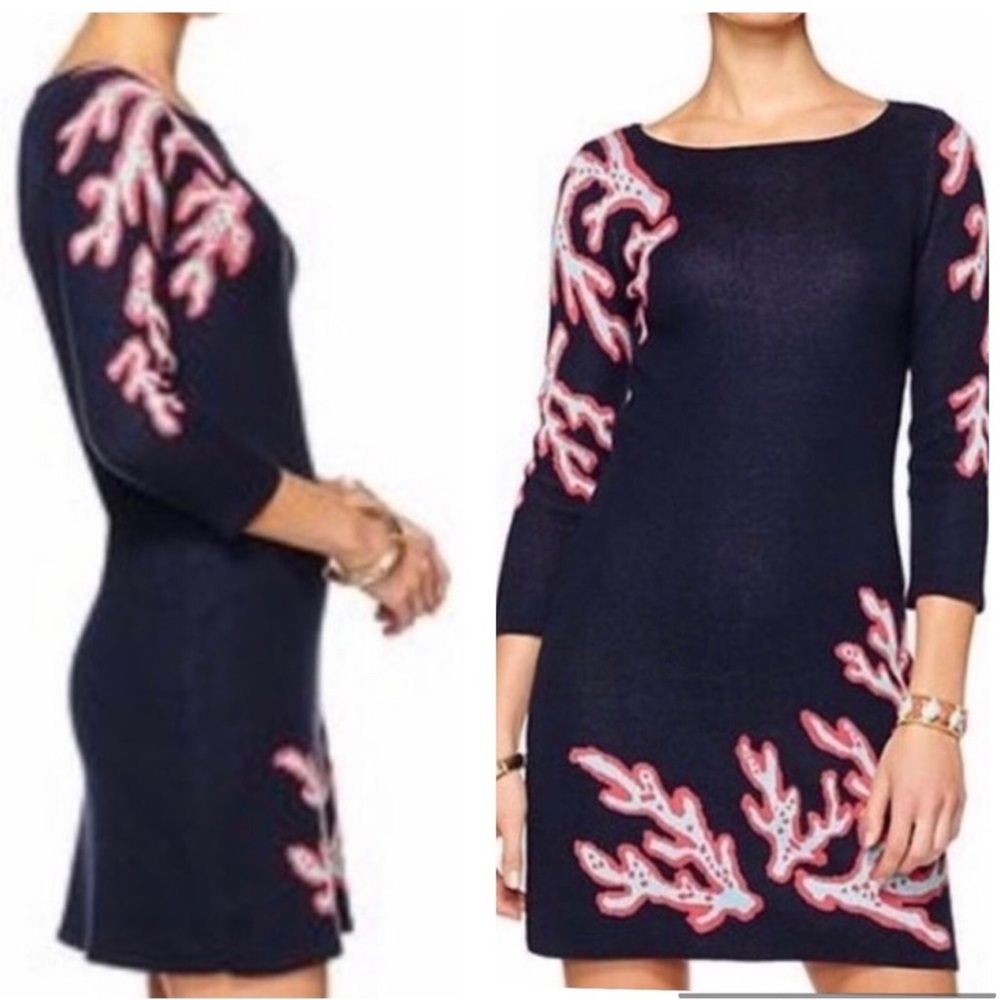 Lilly Pulitzer Polly Sweater Dress True Navy Large Coral Jacquard Size Med NWT